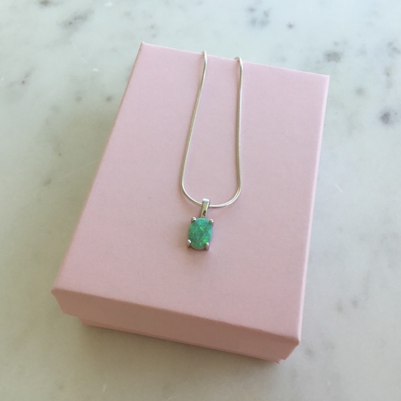 Sterling Silver Green Lab Oval Opal Necklace - Picture 3 of 17
